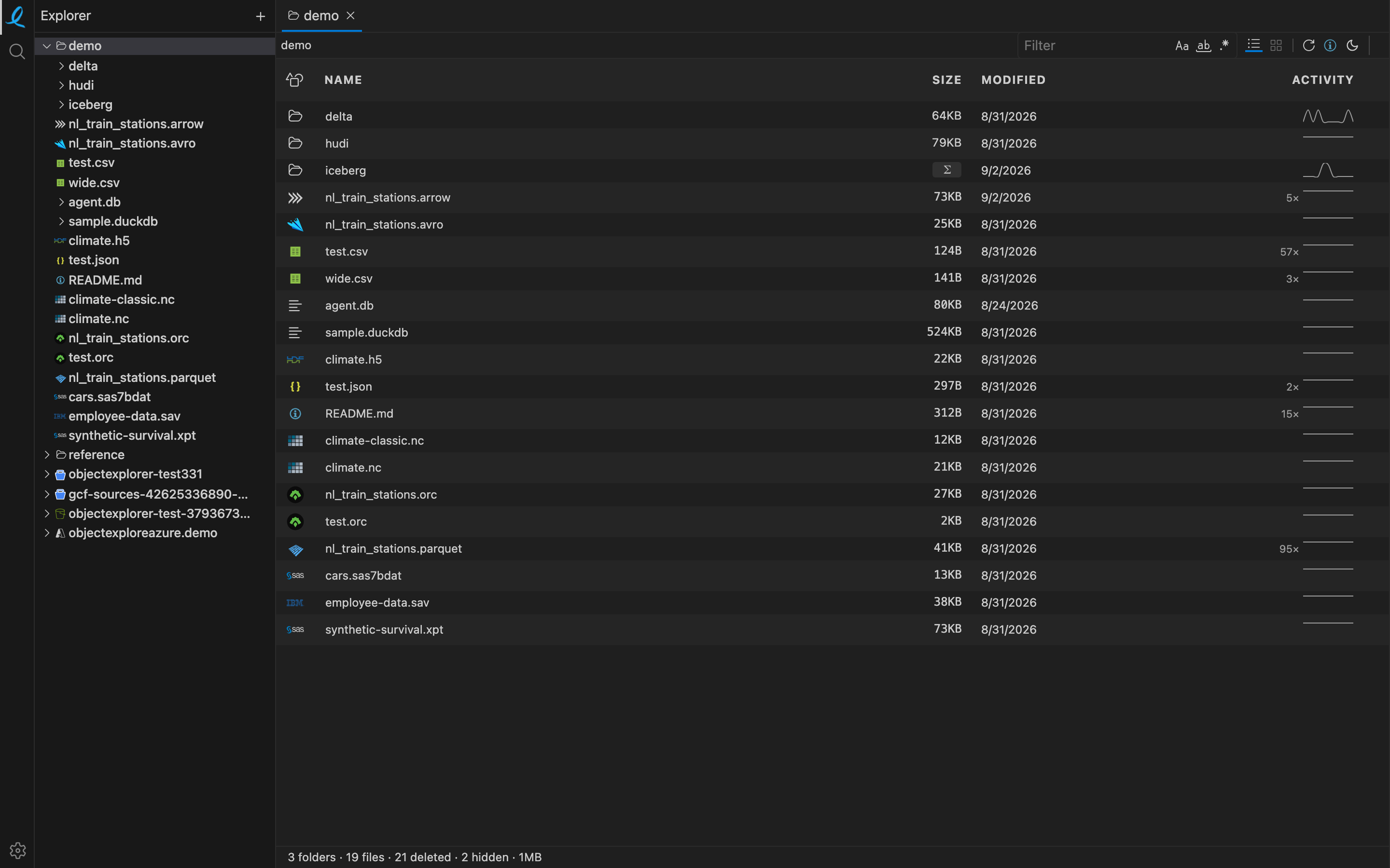 ObjectExplorer listing a folder of parquet, delta, SPSS and SAS files