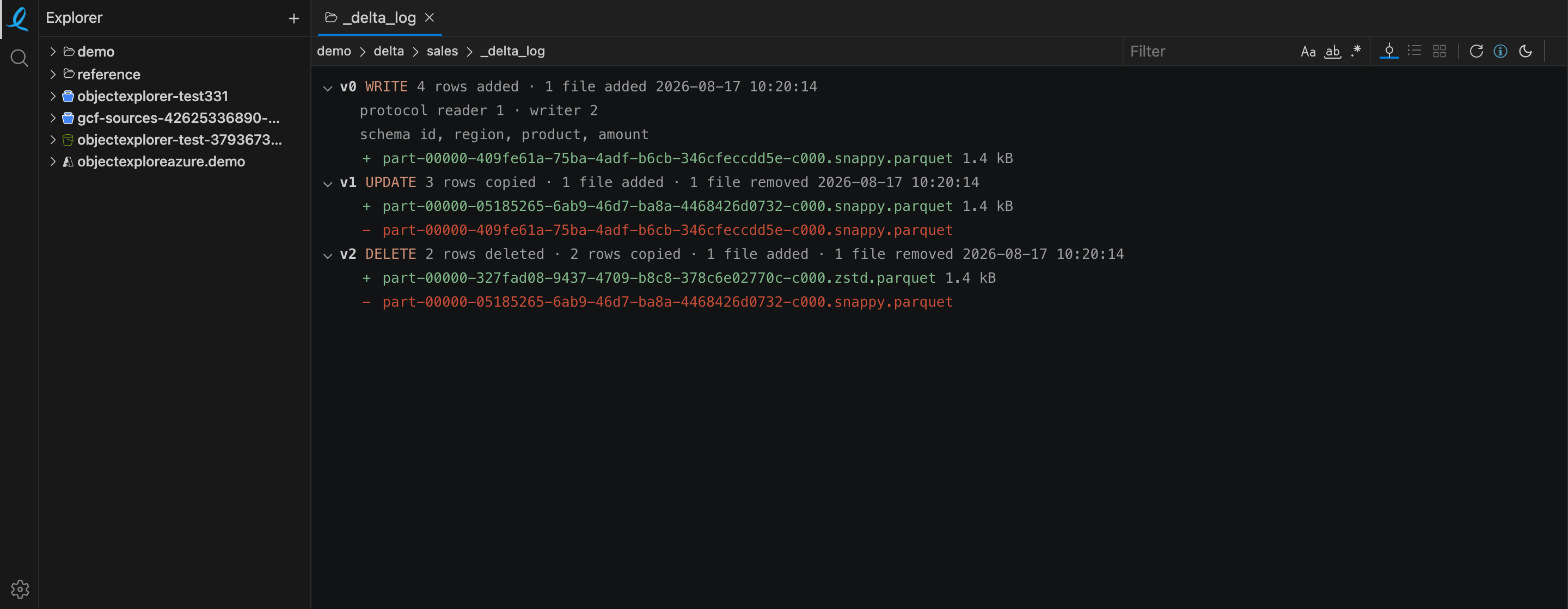 _delta_log opened as commit history: every version with the files it added and removed