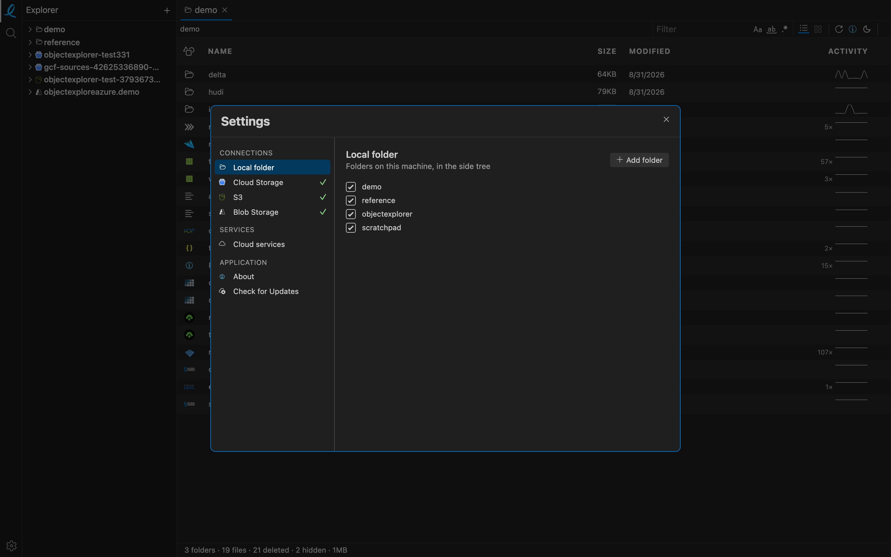 Settings, with the connections list: local folder, Cloud Storage, S3, Blob Storage