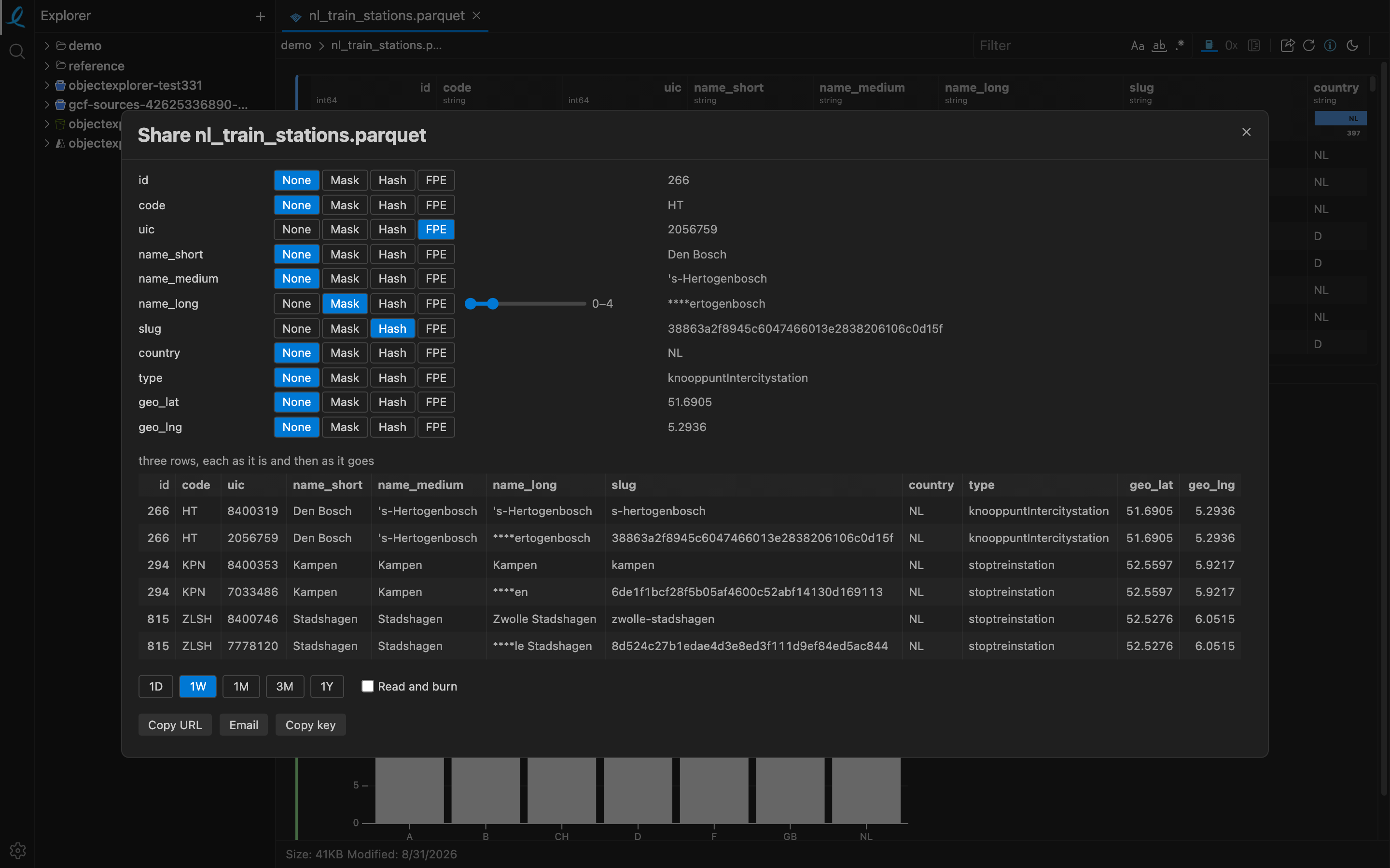 The share dialog: every column with None, Mask, Hash and FPE, and a preview of three rows